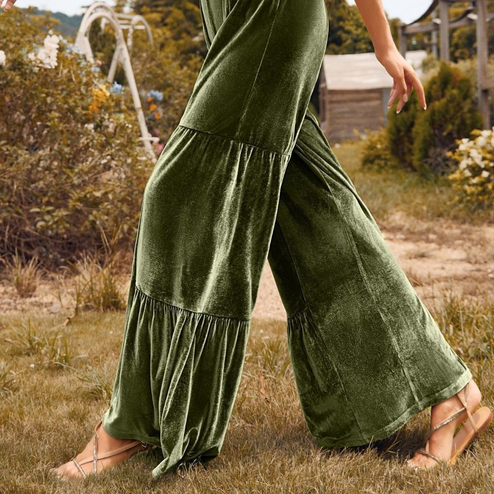 Army Green Boho Womens Wide Leg Velvet Pants - Picture 4 of 5